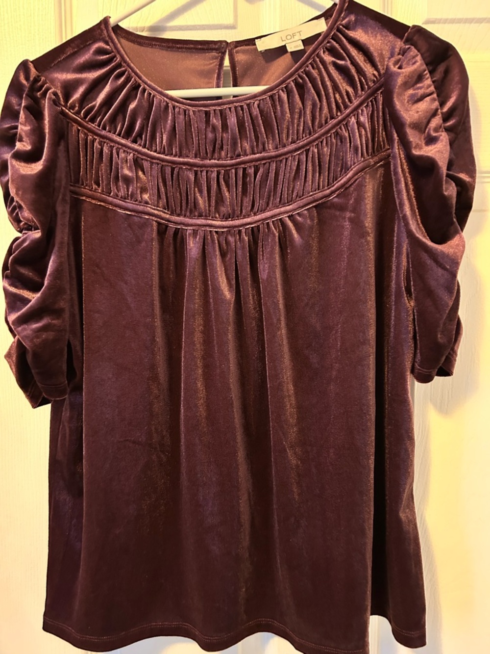 LOFT Plum Velvet Gathered Yoke Puff-Sleeve Top